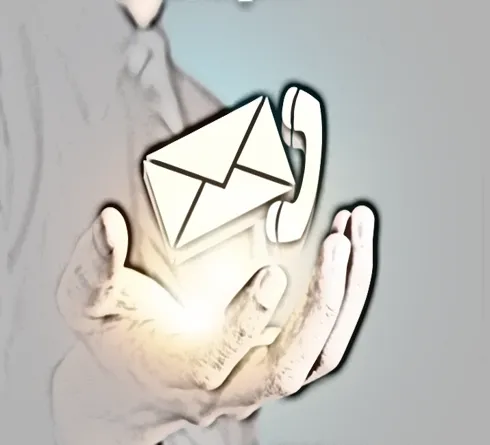 Digitaleanmeldung - Kfz Zulassungsdienst - Eine offene Hand hält schwebende, stilisierte Symbole eines Briefumschlags und eines Telefonhörers.