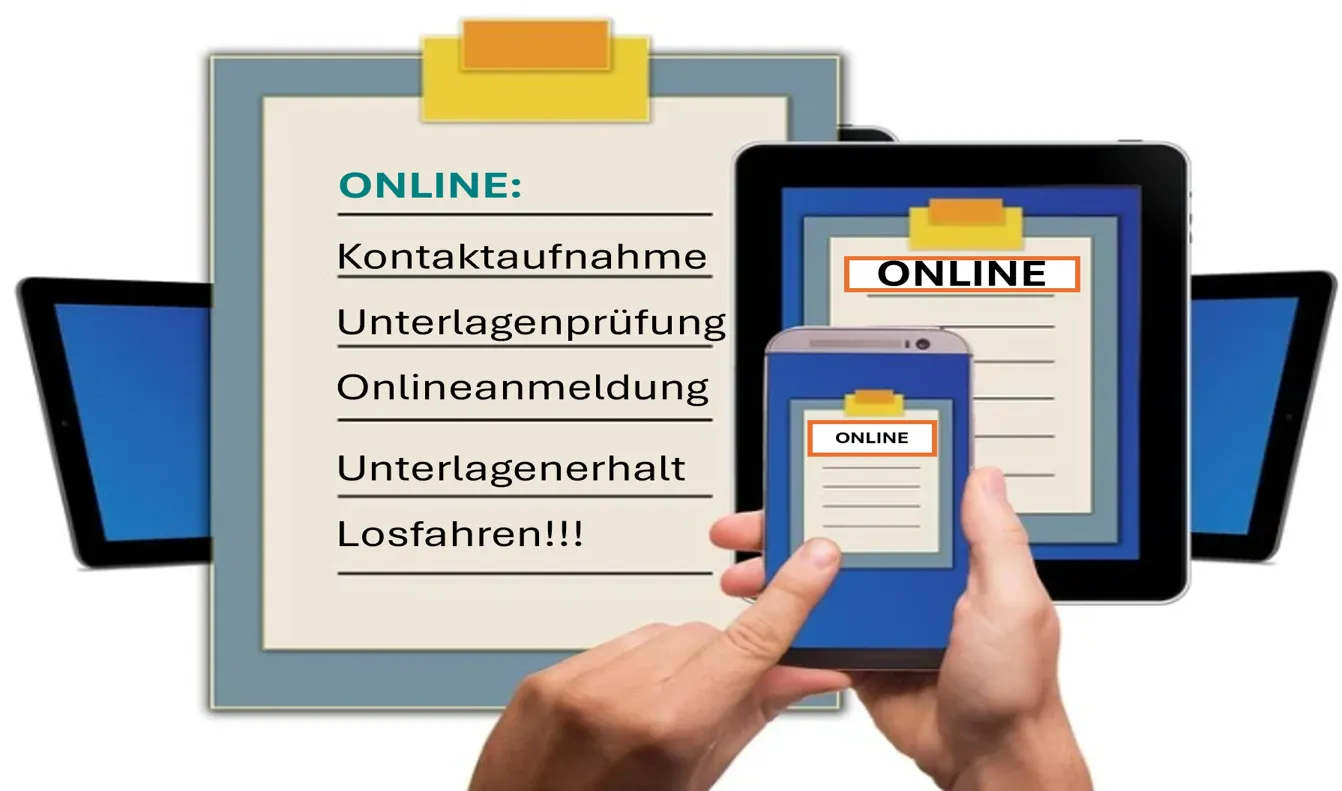 Digitaleanmeldung - Kfz Zulassungsdienst - Grafiken einer Checkliste auf einem Klemmbrett, eines Tablets und eines Smartphones mit digitalen Bewerbungsprozessen
